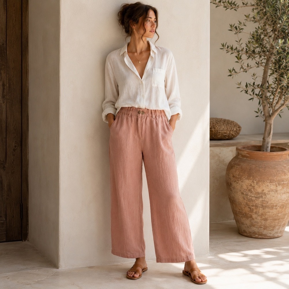 Emerson‎ Fry Johnny Sailor Pants Womens S Pink Linen High Waist Wide Leg Flare